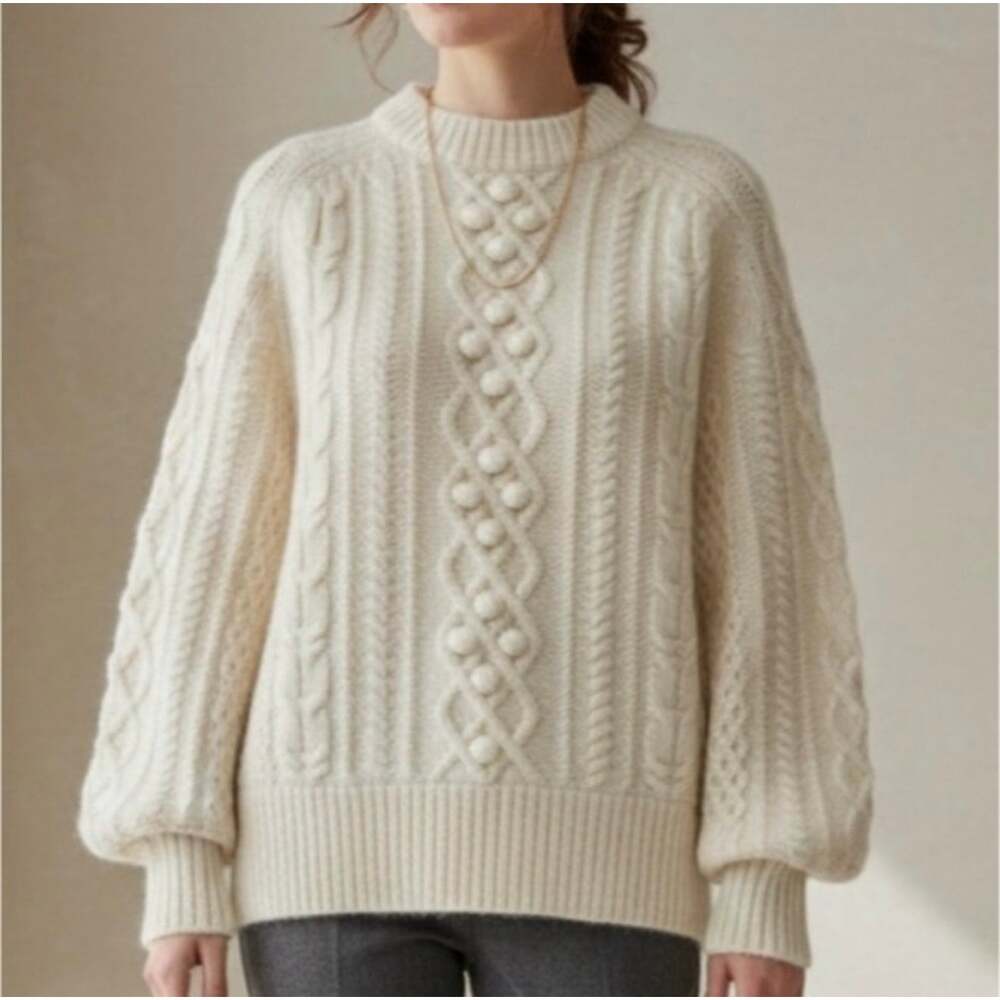 Demylee x J.Crew Balloon Sleeve Sweater Small Ivory Wool Mohair Cable Knit